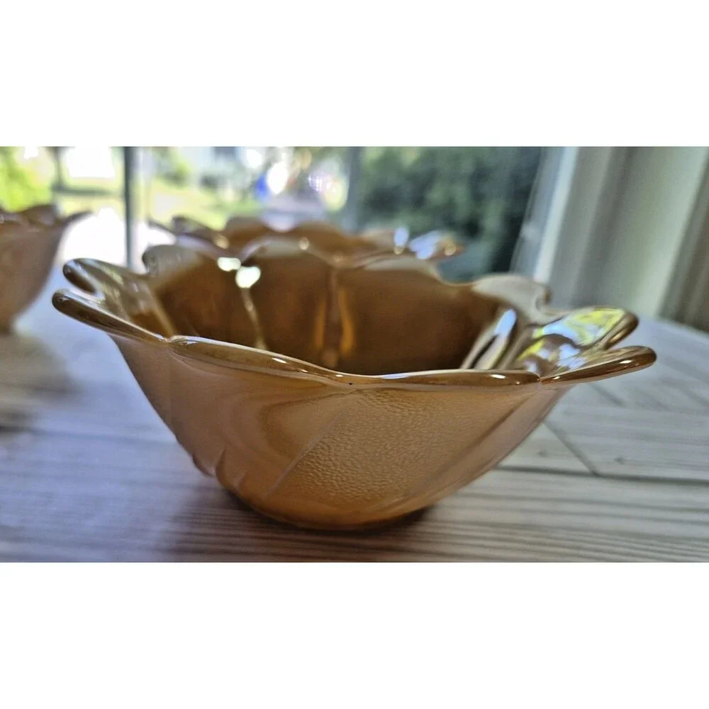 Vintage Fire-King Peach Luster Lotus Blossom Dessert Bowls Set of 4 Mid-Century